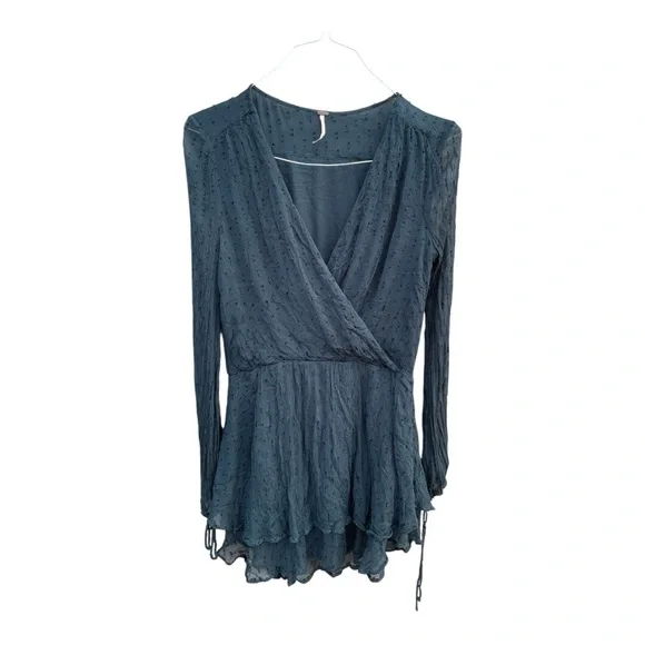 Free People Dahlia Deep Teal Clip Dot Peasant Drop Waist Mini Dress - Picture 2 of 7